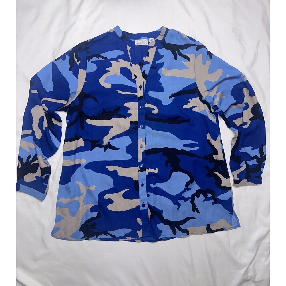 JOAN RIVERS Blue Camo Blouse Size 16 Long Sleeve Button Up Womens Top